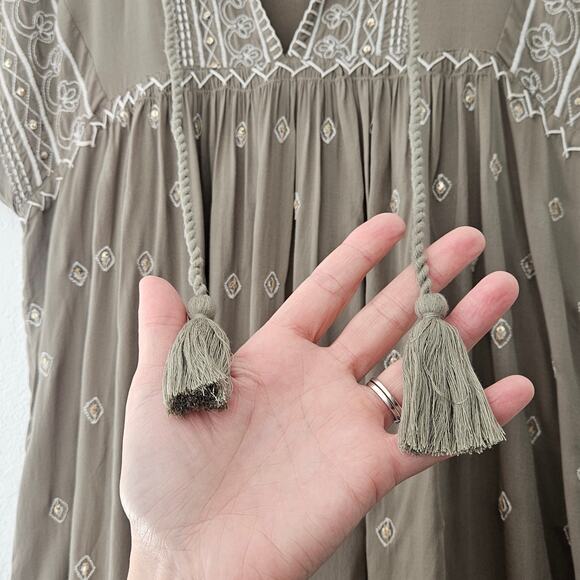 Sundance Catalog Aura Dress Olive Green Embroidered Embellished Boho Casual - XS - Picture 5 of 10